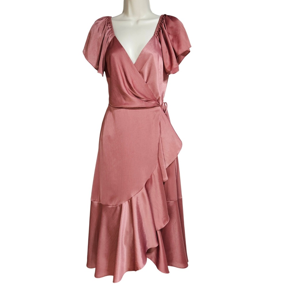 Lulus Mauve Pink Ruffle Flutter Sleeve Wrap Midi Dress S Romantic Fairy Wedding